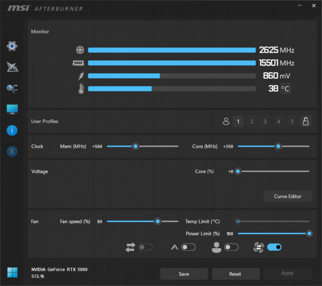 Overclocking NVIDIA GeForce RTX 5080 Founders Edition MSI Afterburner Screenshot