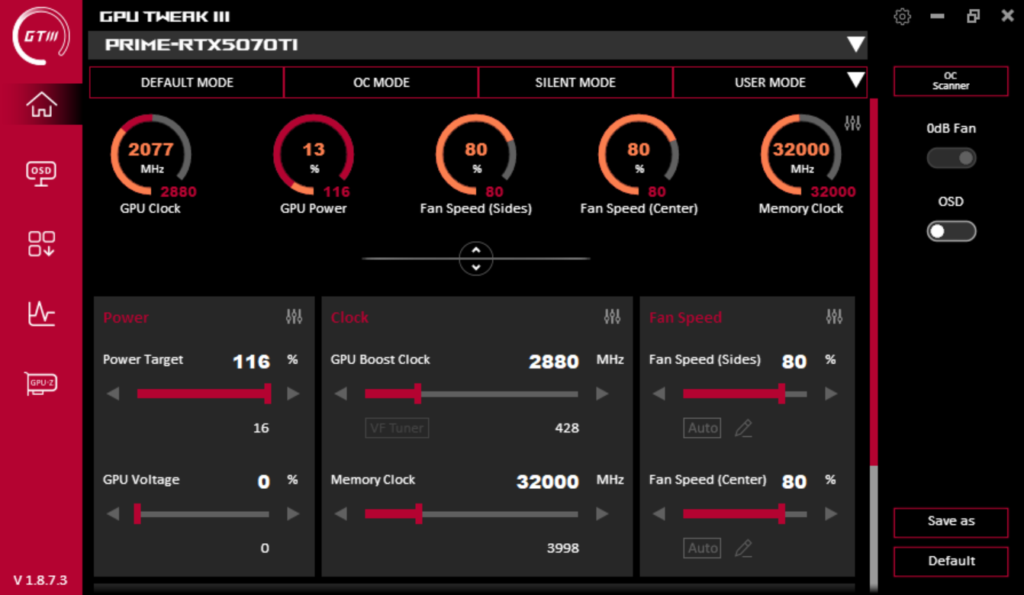 ASUS GPU Tweak III Screenshot Highest Stable Overclock on ASUS PRIME GeForce RTX 5070 Ti