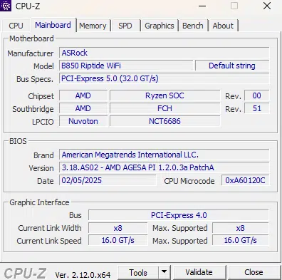 ASRock Phantom Gaming B850 RIPTIDE WiFi motherboard: CPUZ
