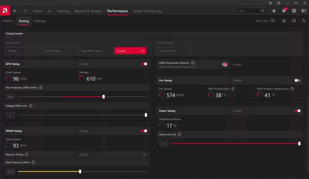 AMD Radeon Adrenalin Software Performance Tuning Custom Overclock Screenshot