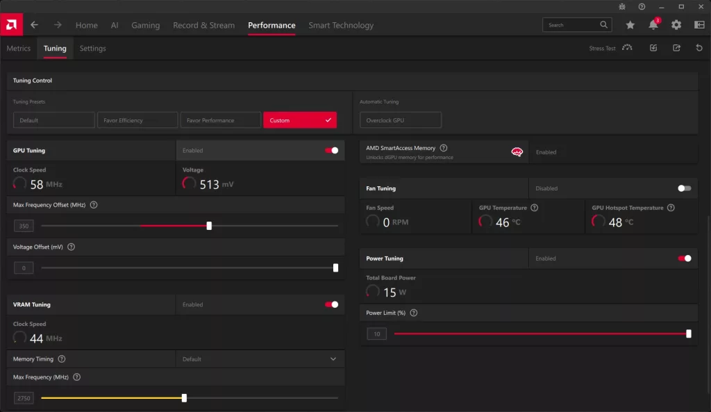 XFX Swift AMD Radeon RX 9070 OC White Triple Fan Gaming Edition AMD Adrenalin Software Performance Tuning Overclock Screenshot