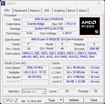 AMD Ryzen 9 9950X3D CPU-Z Screenshot
