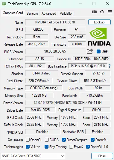 ASUS GeForce RTX 5070 TUF GAMING OC Edition gpuz sensor