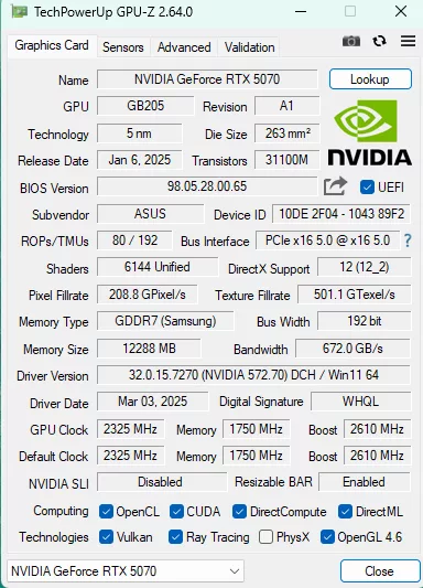 ASUS GeForce RTX 5070 TUF GAMING OC Edition gpuz sensor