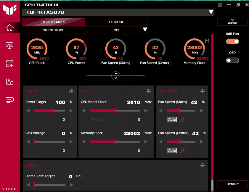 ASUS GeForce RTX 5070 TUF GAMING OC Edition : Tweak III default