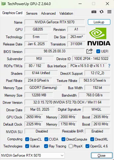 MSI GeForce RTX 5070 12G GAMING TRIO OC: GPUZ front page