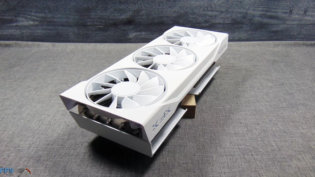 XFX Swift AMD Radeon RX 9070 OC White Triple Fan Gaming Edition Top View Angled