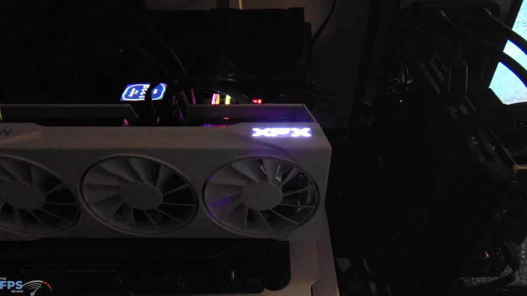 XFX Swift AMD Radeon RX 9070 OC White Triple Fan Gaming Edition Installed in Computer XFX LED Logo