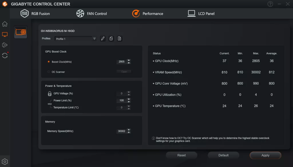 GIGABYTE Control Center Overclock Screenshot