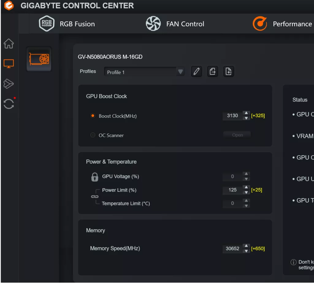 GIGABYTE Control Center Overclock Screenshot