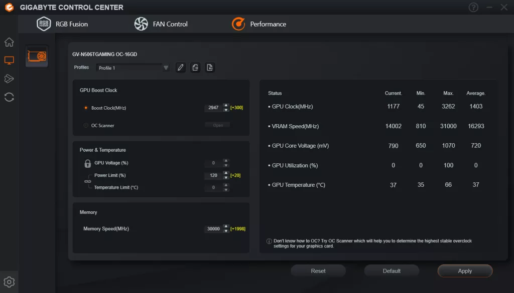 Overclocking GIGABYTE GeForce RTX 5060 Ti GAMING OC 16G GIGABYTE Control Center software screenshot