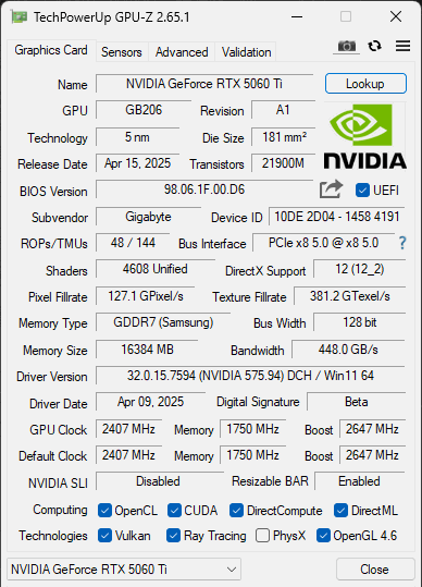 Overclocking GIGABYTE GeForce RTX 5060 Ti GAMING OC 16G GPU-Z Screenshot Default