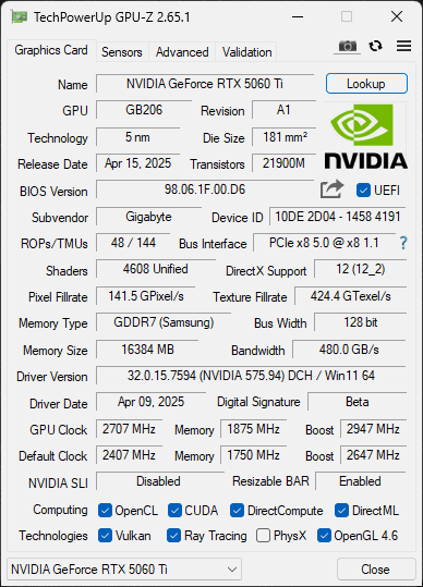 Overclocking GIGABYTE GeForce RTX 5060 Ti GAMING OC 16G GPU-Z Screenshot Overclocked