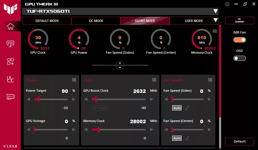 ASUS TUF Gaming GeForce RTX 5060 Ti 16GB OC Edition GPU Tweak III Silent Mode