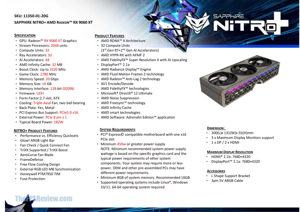 SAPPHIRE NITRO+ AMD Radeon RX 9060 XT Spec Sheet