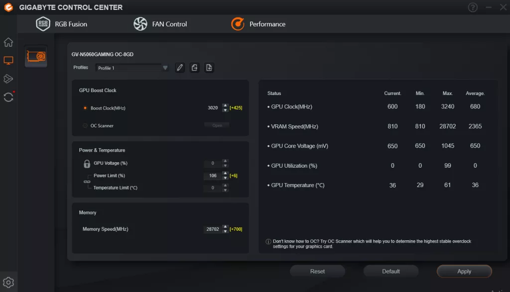 GIGABYTE GeForce RTX 5060 GAMING OC 8G Control Center Overclock Screenshot