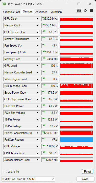 GPU-Z Sensors Tab Overclocked with Voltage Screenshot