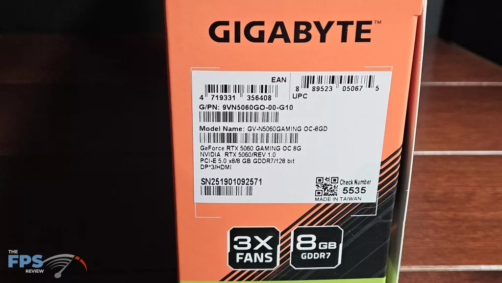 GIGABYTE GeForce RTX 5060 GAMING OC 8G: box label
