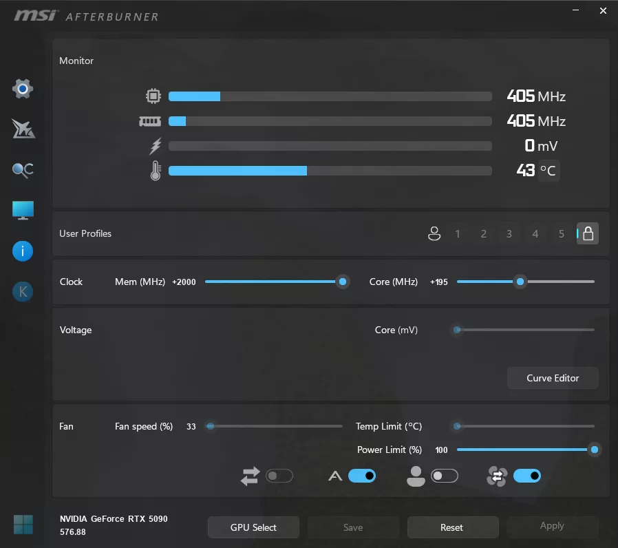 MSI GeForce RTX 5090 32G SUPRIM SOC: MSI Afterburner OC settings