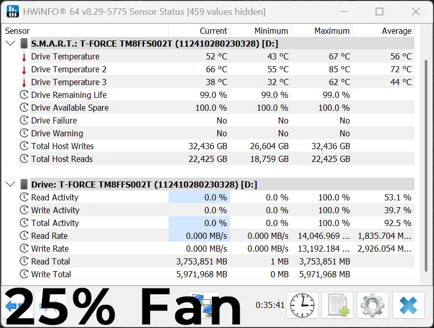 TEAMGROUP T-FORCE GE PRO AirFlow I 2TB PCIe Gen5 M.2 NVMe SSD 25% Fan RPM HWiNFO64 Temperature Screenshot
