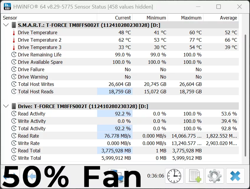 TEAMGROUP T-FORCE GE PRO AirFlow I 2TB PCIe Gen5 M.2 NVMe SSD 50% Fan RPM HWiNFO64 Temperature Screenshot