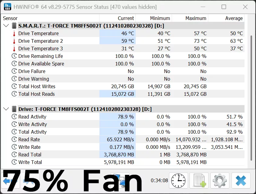 TEAMGROUP T-FORCE GE PRO AirFlow I 2TB PCIe Gen5 M.2 NVMe SSD 75% Fan RPM HWiNFO64 Temperature Screenshot