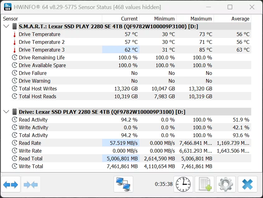 HWiNFO64 Temperature Screenshot Without Case Fan