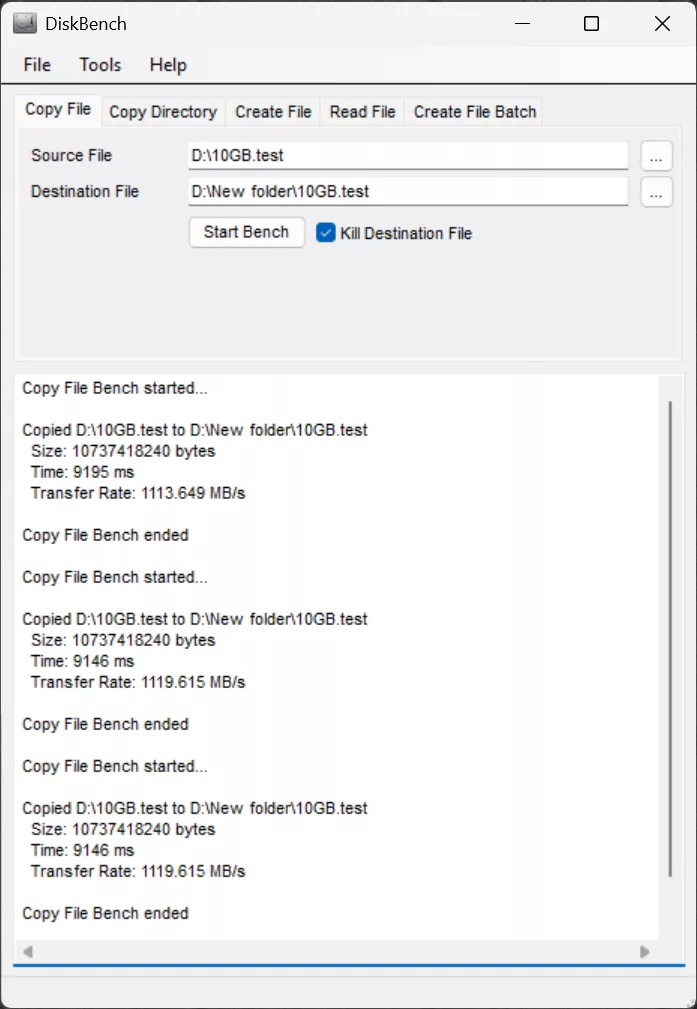 DiskBench 10GB File Copy Screenshot