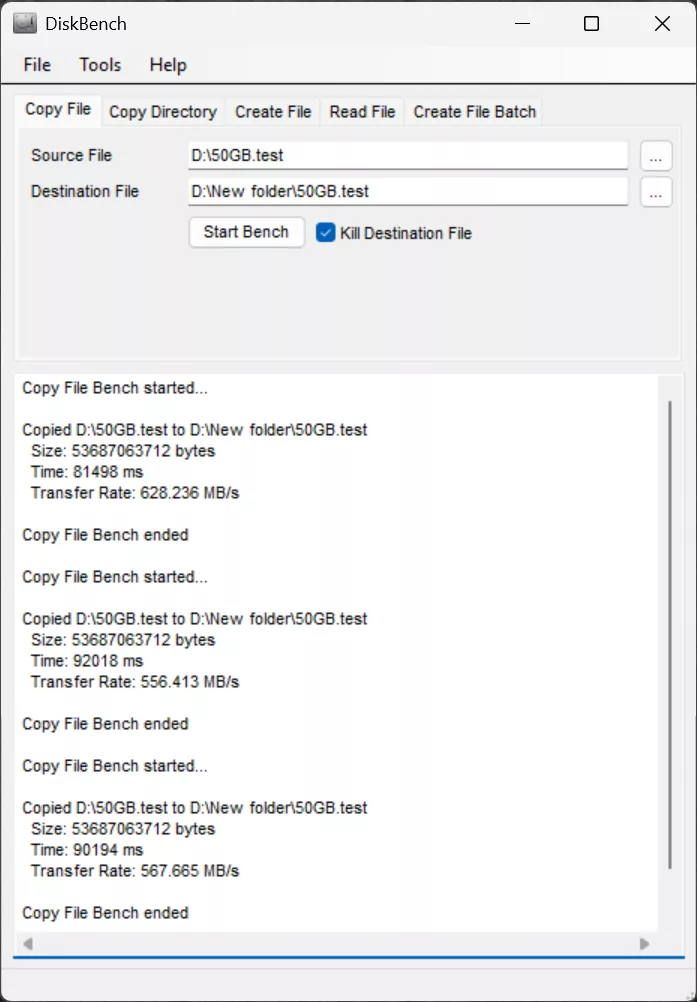 DiskBench 50GB File Copy Screenshot
