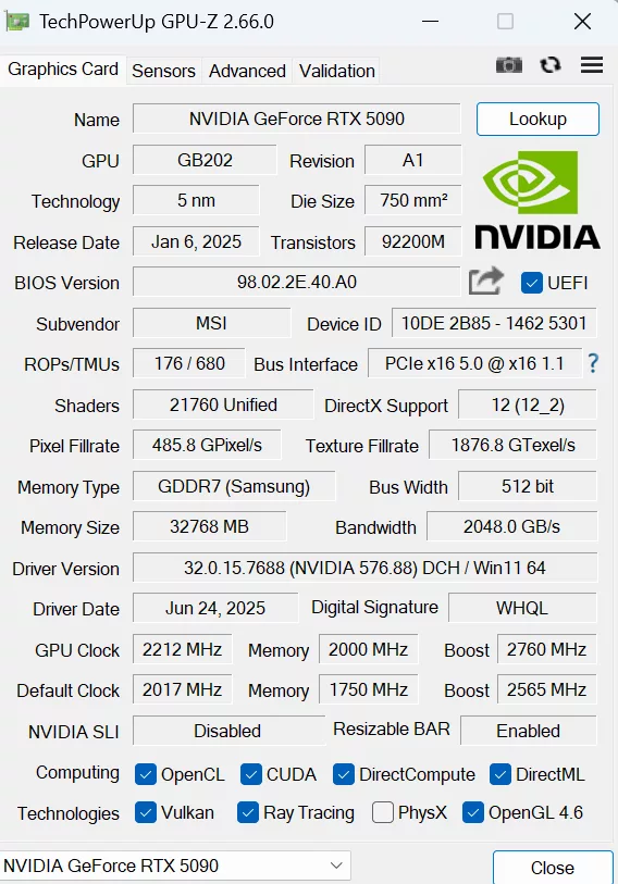 MSI GeForce RTX 5090 32G SUPRIM SOC: GPUZ