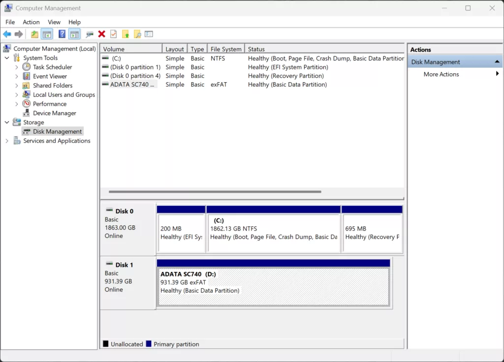 Computer Management Disk Info Partition Screenshot