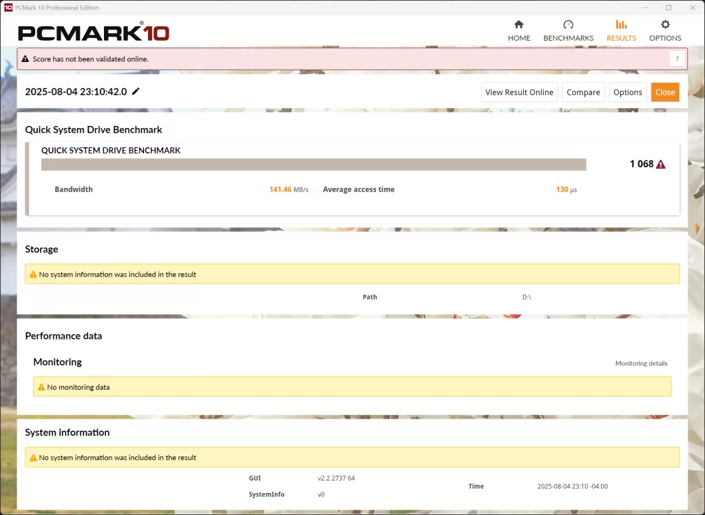 PCMark 10 Quick System Drive Benchmark Screenshot