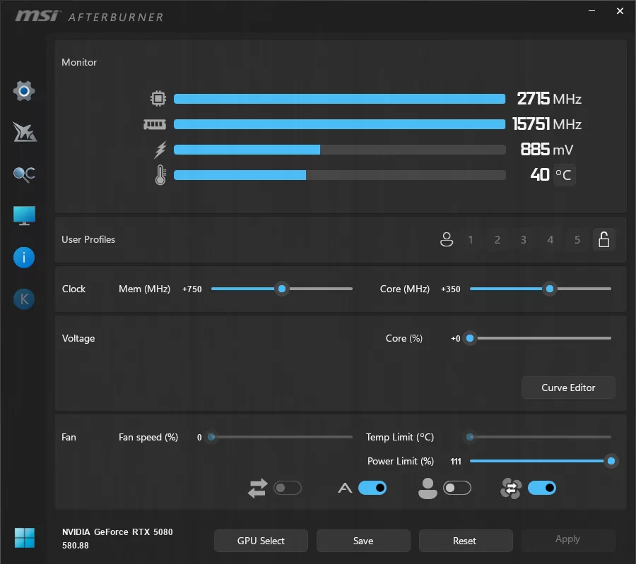 MSI GeForce RTX 5080 16G EXPERT OC MSI Afterburner Max Voltage Screenshot