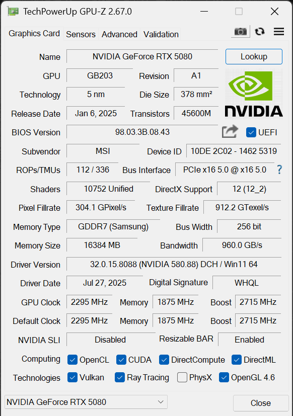 MSI GeForce RTX 5080 16G EXPERT OC GPU-Z Default Screenshot