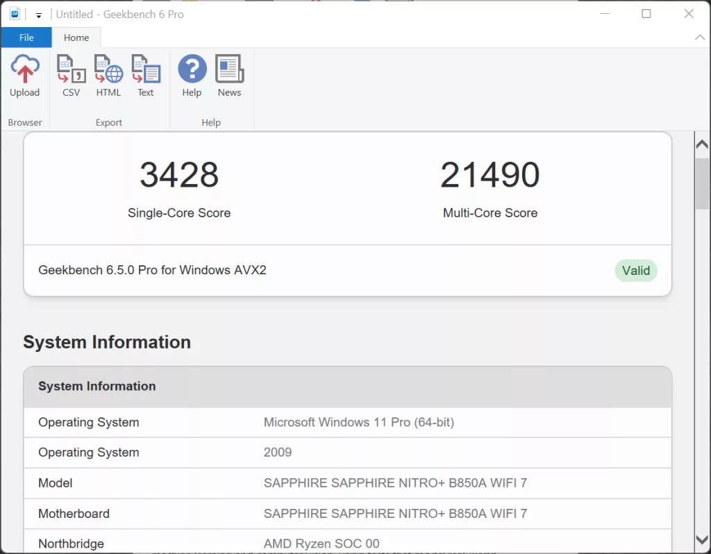 SAPPHIRE NITRO+ B850A WIFI 7 Motherboard Default DDR5 6000MT/s Geekbench 6 Performance Screenshot