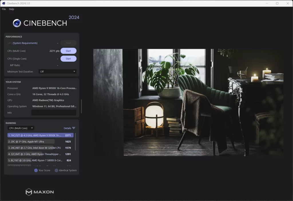 SAPPHIRE NITRO+ B850A WIFI 7 Motherboard Default DDR5 6000MT/s Cinebench Screenshot