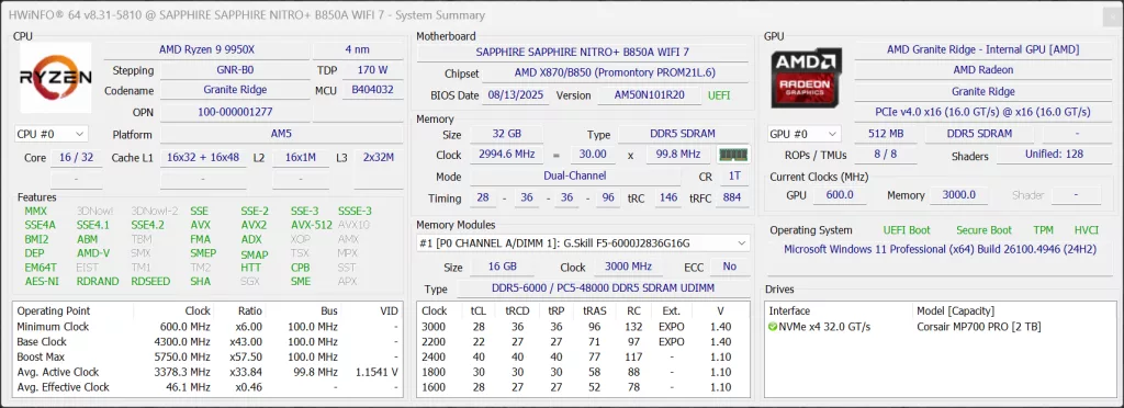 SAPPHIRE NITRO+ B850A WIFI 7 Motherboard Default DDR5 6000MT/s HWiNFO64 Screenshot