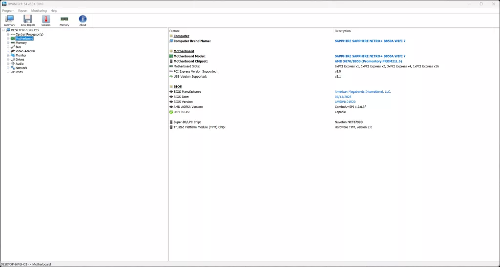 SAPPHIRE NITRO+ B850A WIFI 7 Motherboard Default DDR5 6000MT/s HWiNFO64 Screenshot