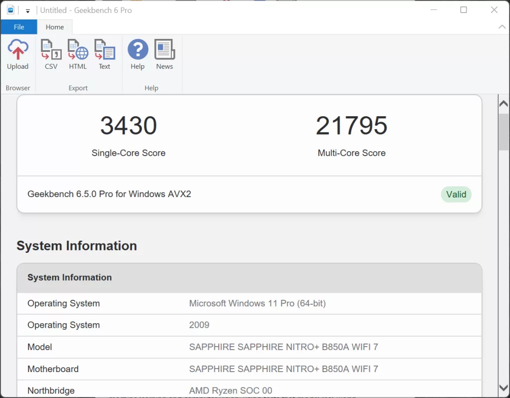 SAPPHIRE NITRO+ B850A WIFI 7 Motherboard Precision Boost Overdrive DDR5 6000MT/s Geekbench 6 Performance Screenshot