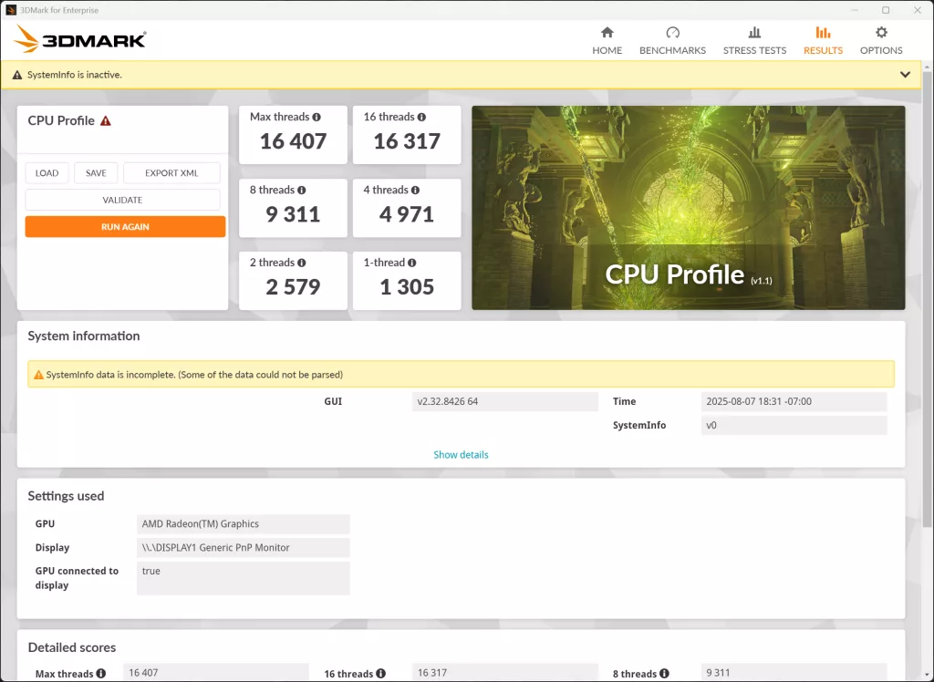 SAPPHIRE NITRO+ B850A WIFI 7 Motherboard Default DDR5 8000MT/s 3DMark CPU Performance Screenshot