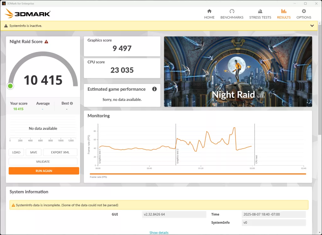 SAPPHIRE NITRO+ B850A WIFI 7 Motherboard Default DDR5 8000MT/s 3DMark Performance Screenshot