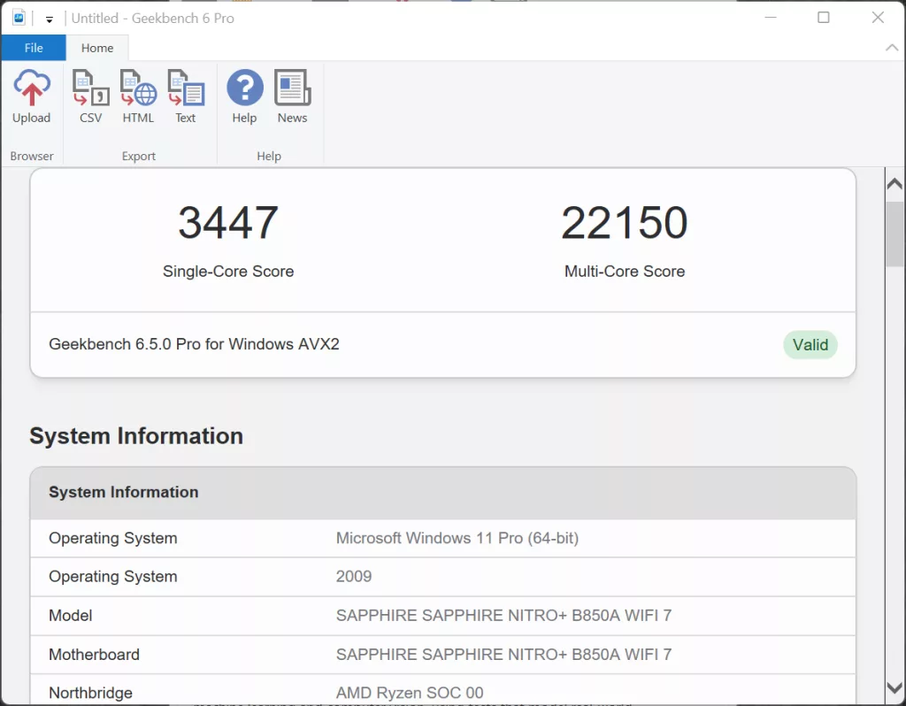SAPPHIRE NITRO+ B850A WIFI 7 Motherboard Default DDR5 8000MT/s Geekbench 6 Performance Screenshot
