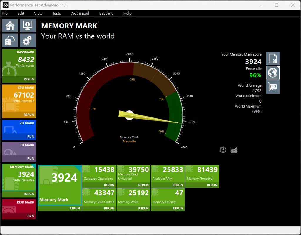 SAPPHIRE NITRO+ B850A WIFI 7 Motherboard Default DDR5 8000MT/s PassMark Memory Mark Performance Screenshot