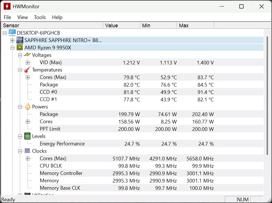 SAPPHIRE NITRO+ B850A WIFI 7 Motherboard CPU-Z HWMONITOR Temperatures Screenshot