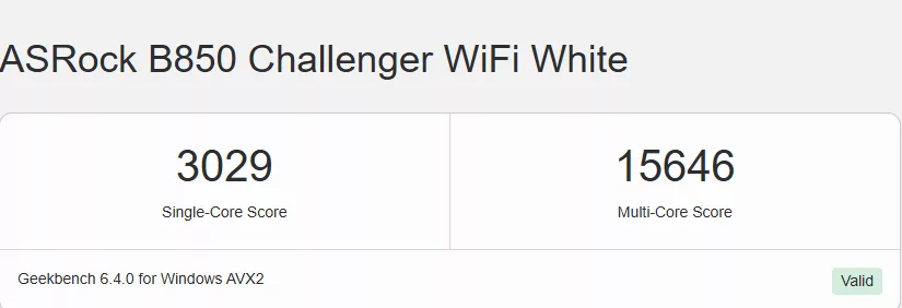 ASRock B850 CHALLENGER WiFi WHITE: performance benchmark Geekbench