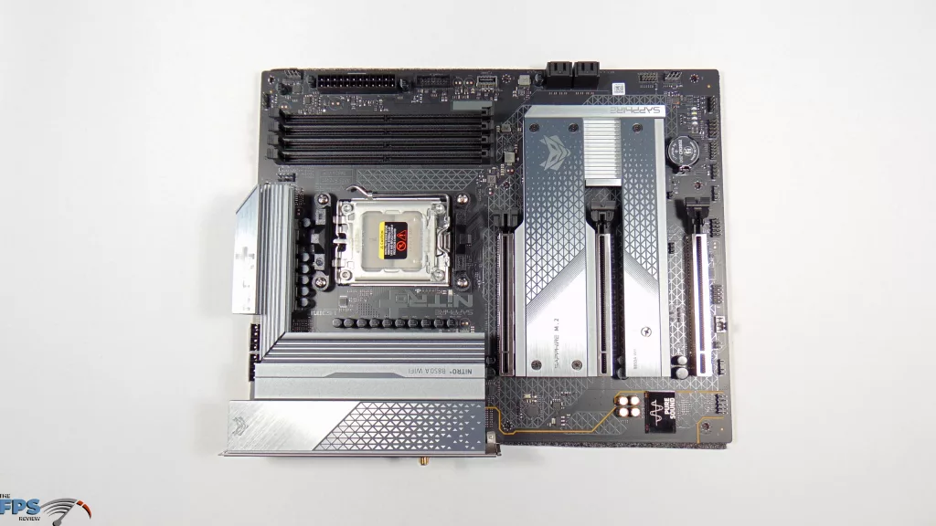 SAPPHIRE NITRO+ B850A WIFI 7 Motherboard Top View QTR Left Turn