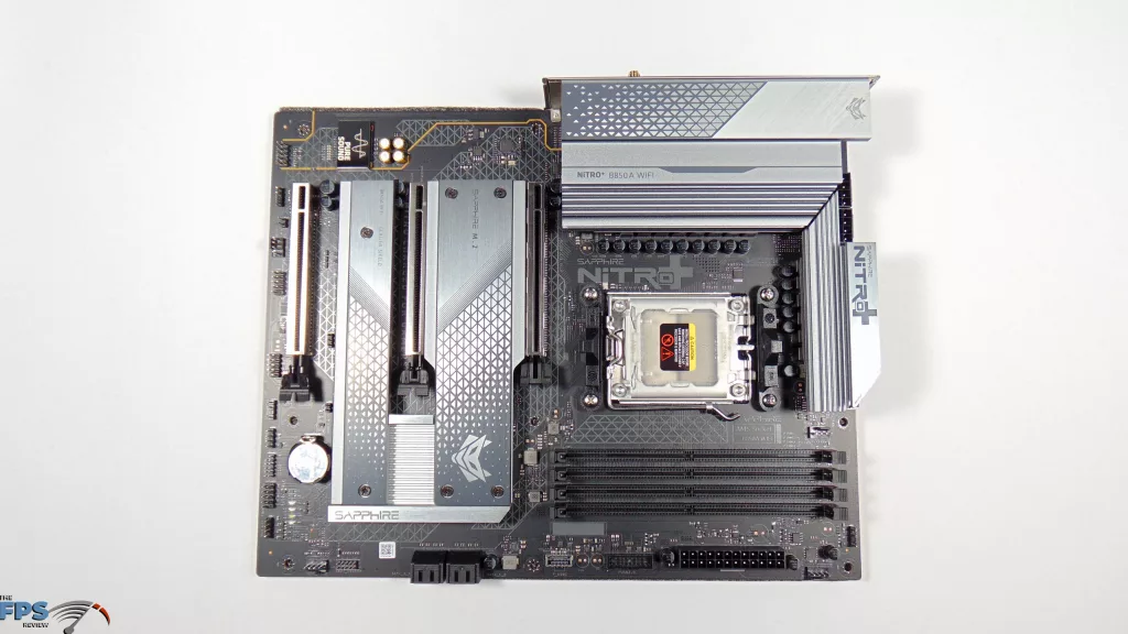 SAPPHIRE NITRO+ B850A WIFI 7 Motherboard Top View QTR Right Turn