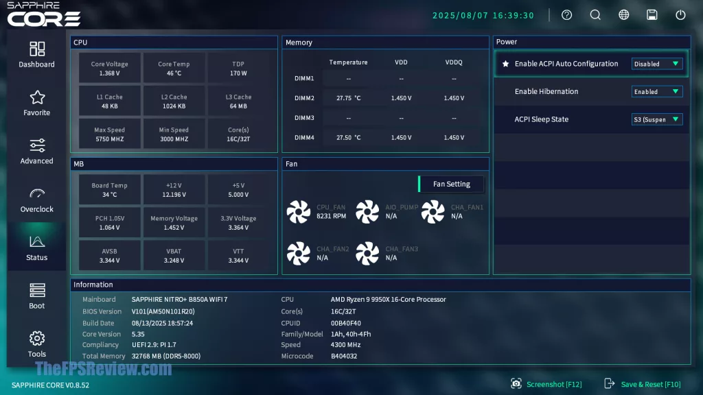 SAPPHIRE NITRO+ B850A WIFI 7 Motherboard SAPPHIRE CORE BIOS UI UEFI Screenshot DDR5 8000MT/s