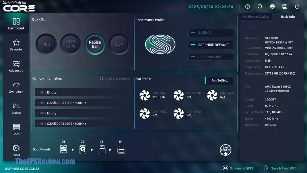 SAPPHIRE NITRO+ B850A WIFI 7 Motherboard SAPPHIRE CORE BIOS UI UEFI Screenshot
