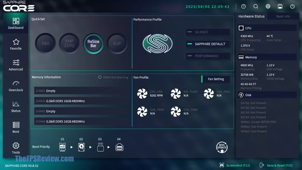 SAPPHIRE NITRO+ B850A WIFI 7 Motherboard SAPPHIRE CORE BIOS UI UEFI Screenshot